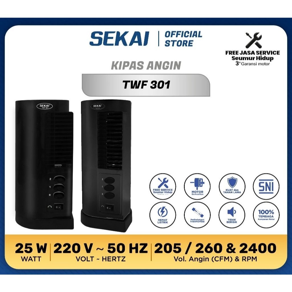 Sekai TWF-301 Kipas Angin Meja Menara/Tower Fan Mini 3 Inchi Hemat Listrik Garansi Resmi