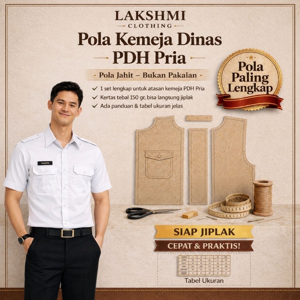 Pola Jahit Kemeja Dinas PDH Pria Lengan Pendek S M L XL XXL