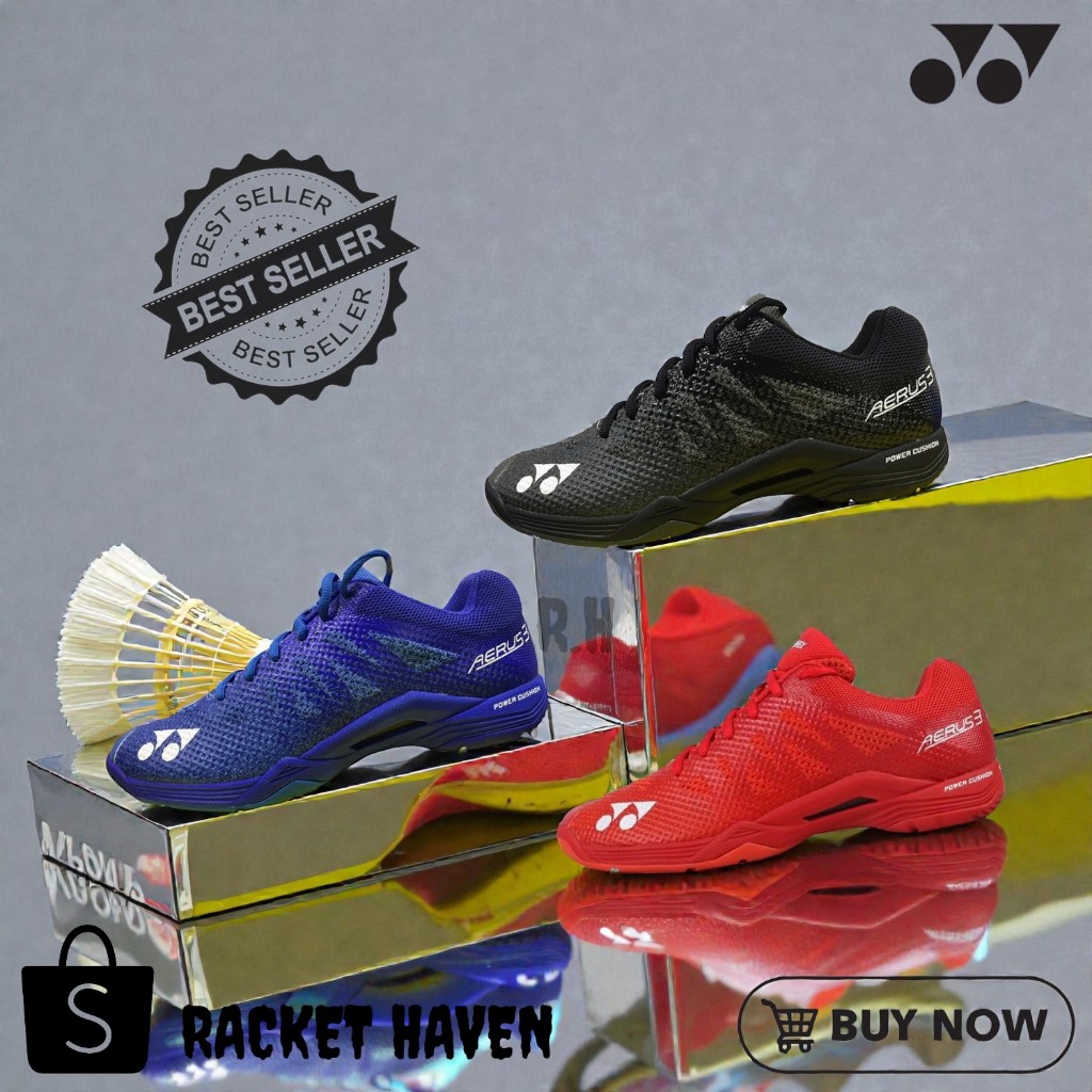 YONEX Aerus 3 Power Cushion Sepatu Badminton Ringan Stabil Synthetic 38-44 Merah Biru Hitam