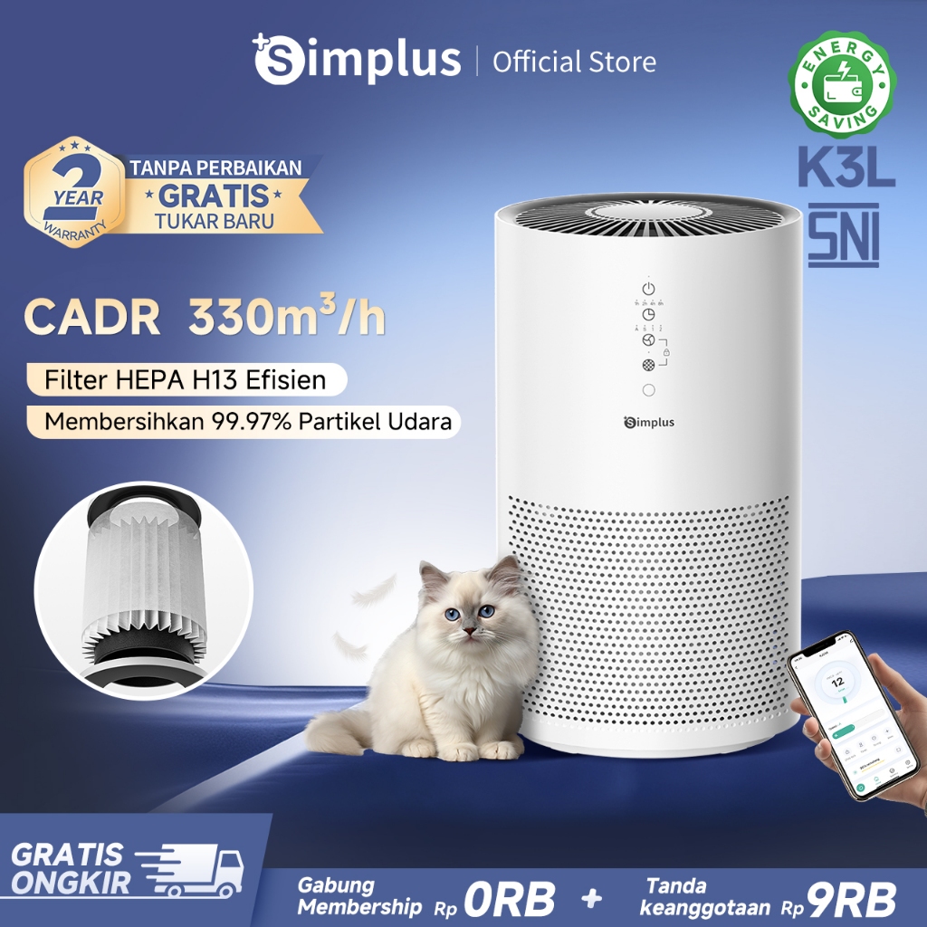 Simplus Air Purifier Penyaringan HEPA H13 Efisien  Tingkat Pemurnian Super Senyap 35dB Mode Pintar O