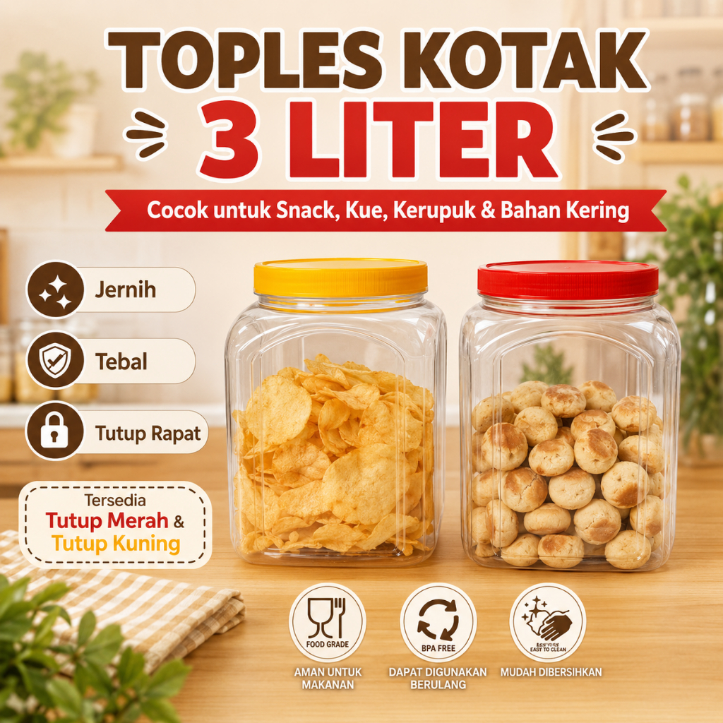Toples Kotak 3 Liter / Toples Plastik 3000ml Cupang Kue Snack