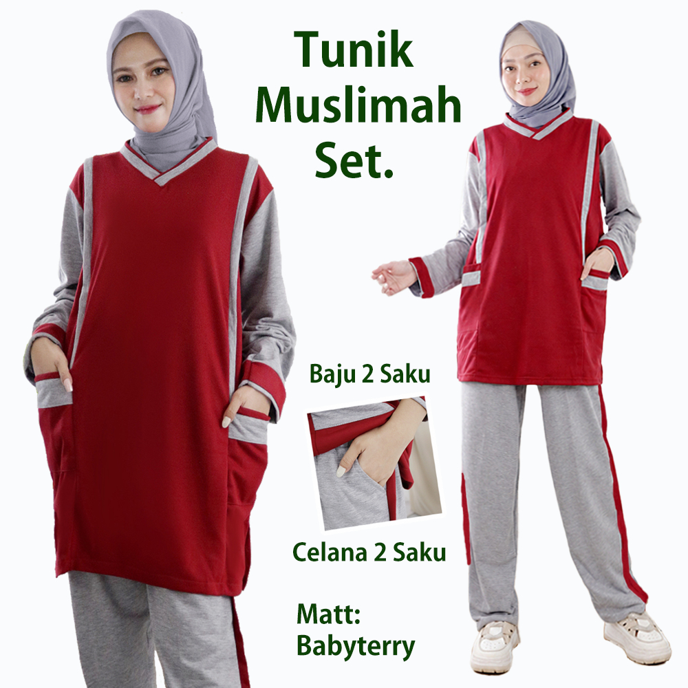 SET TUNIK MUSLIMAH Baju Setelan Tunik Wanita Muslimah Olahraga Senam Training JUMBO XL XXL 3XL