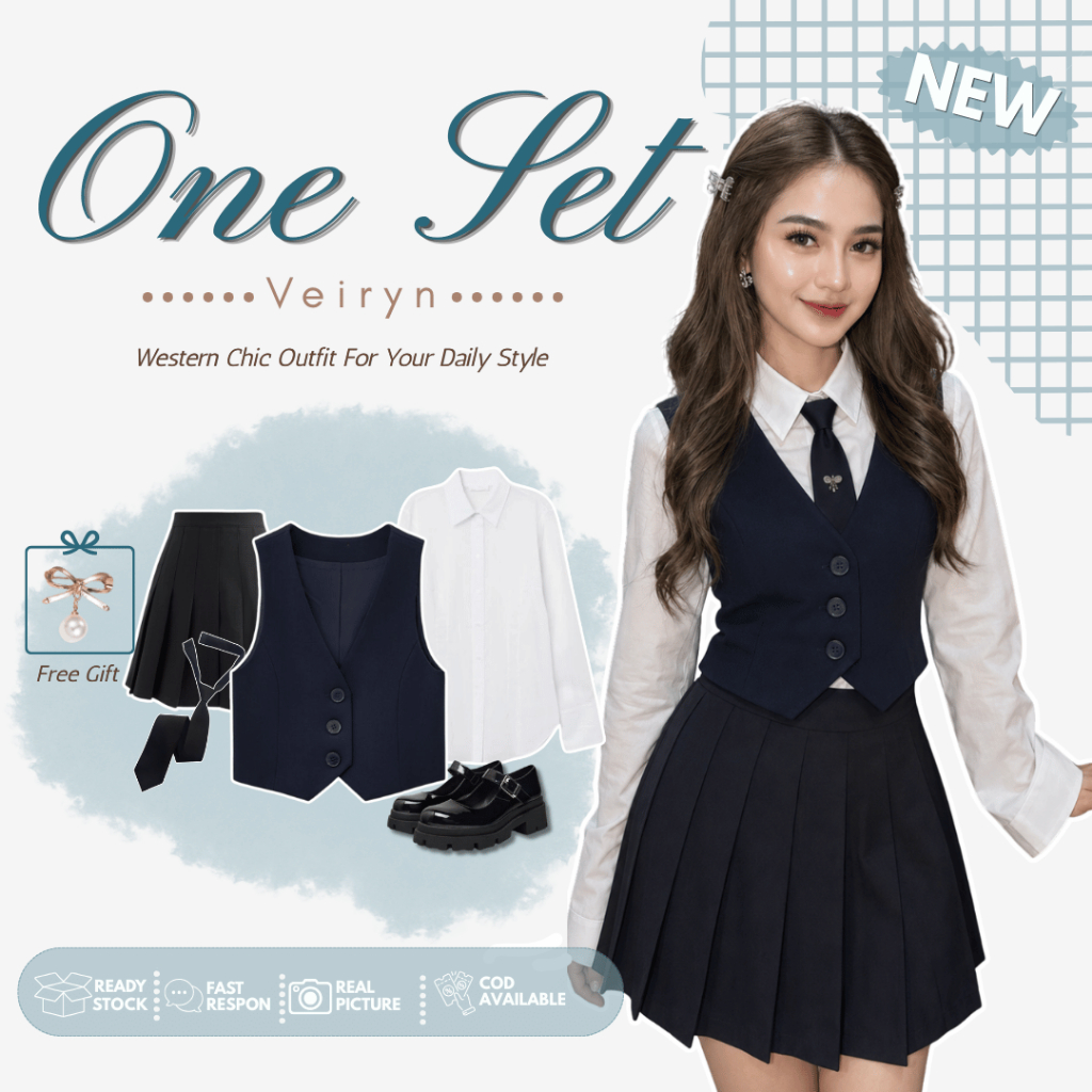 New Veiryn One Set Wanita Outfit Korean Style Vest Navy Rok Plisket Kemeja Putih Dasi Casual Semi Fo