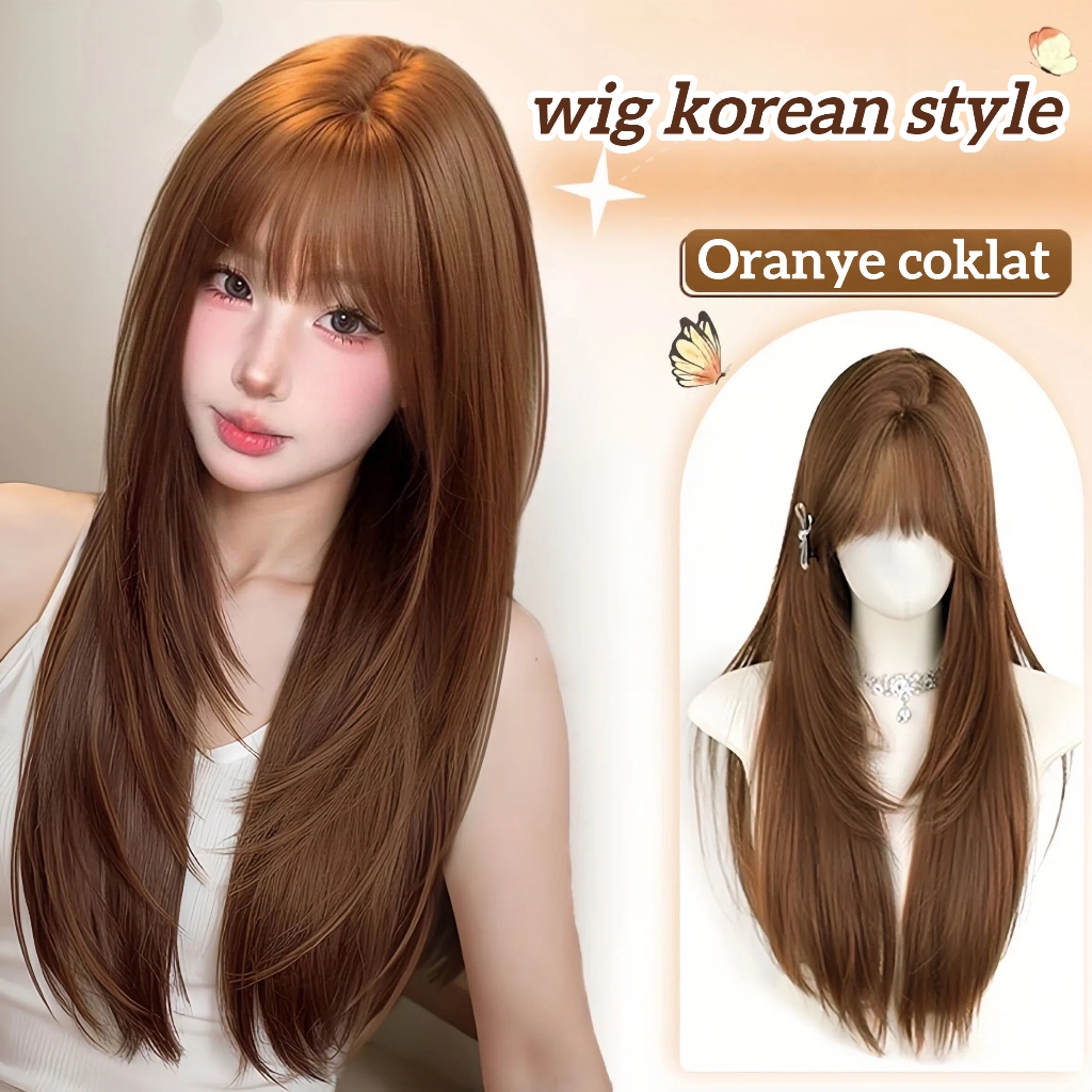 Wig wanita full kepala Oranye coklat rambut lurus LAYER Wig korean style Rambut palsu panjang lurus 