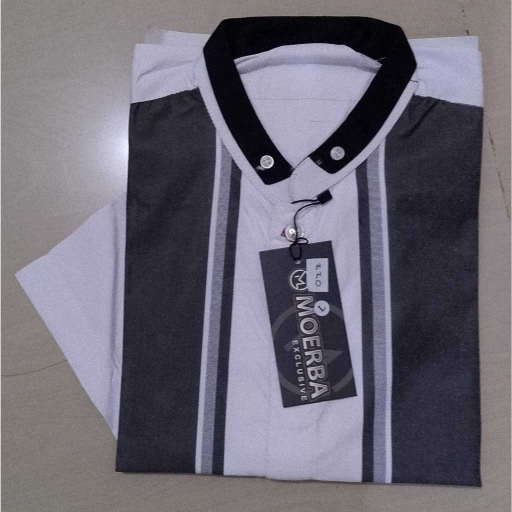 SURABAYAOS17 - MOERBA BONUS DUS Baju Koko Katun Dewasa Putih Motif Garis-garis Hitam Kerah Mandarin 