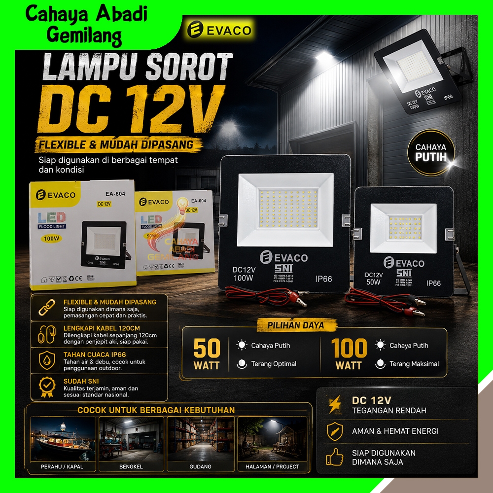 Lampu Sorot LED DC 50 Watt 100 Watt Putih / Lampu Tembak Putih LED IP66 50 Watt 100 Watt / Lampu Sor