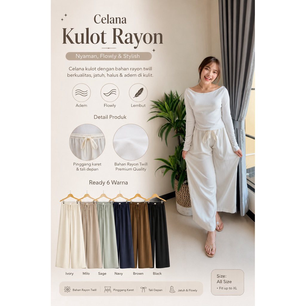 Celana Kulot Wanita Rayon Twill Premium Loose Cullote Pants Homewear