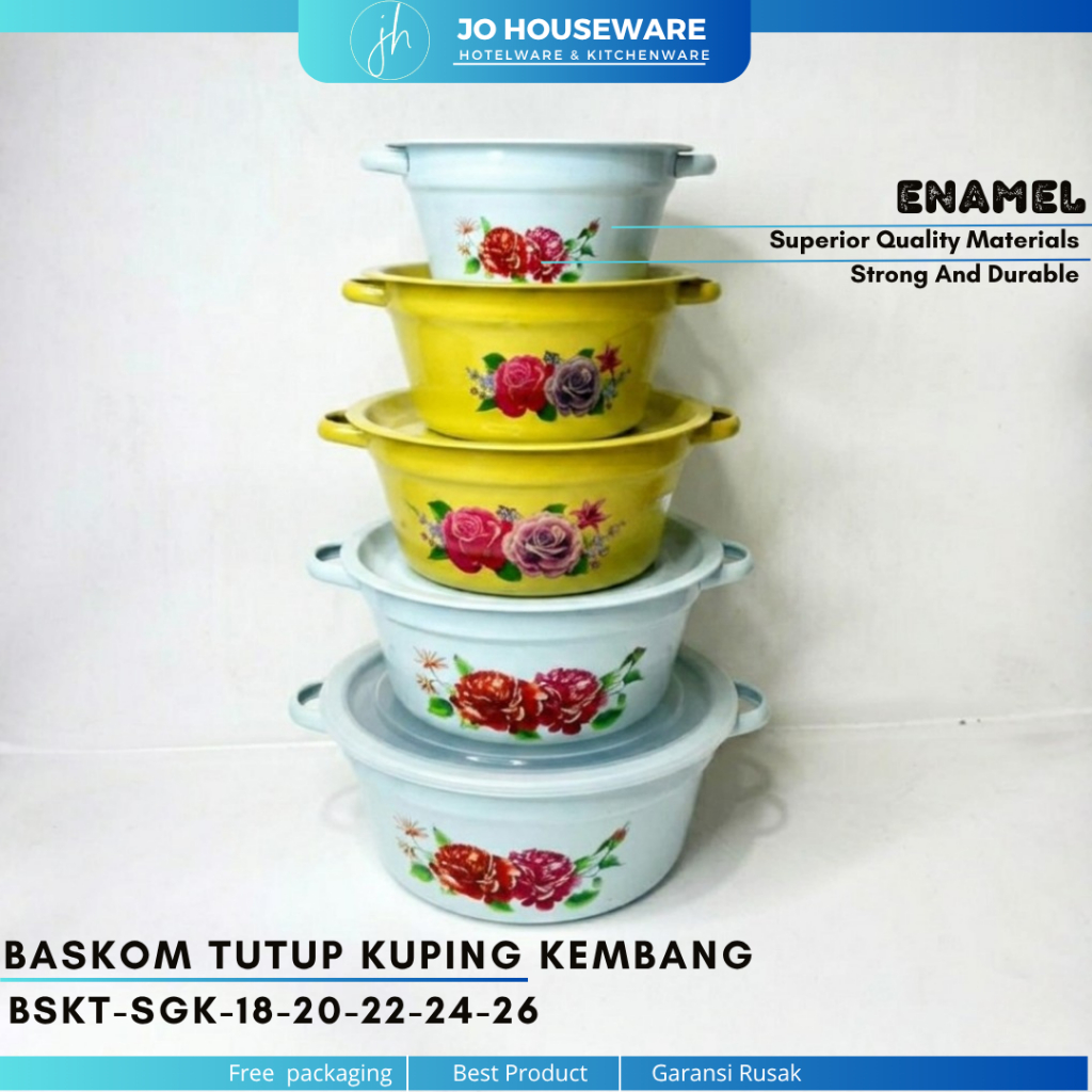 Baskom Tutup Seng Kuping Warna Biru & Kuning / Baskom Tutup Kuping Enamel Kembang Wadah Saji Serbagu