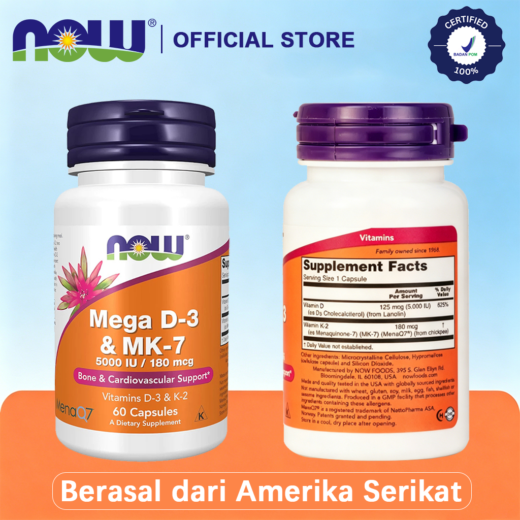 Now Foods Mega D3 5000IU 180mcg K2 MK7[NEW][100%Impor asli][COD]D-3 & MK-7 (5000 IU/180 mcg) 60 Caps