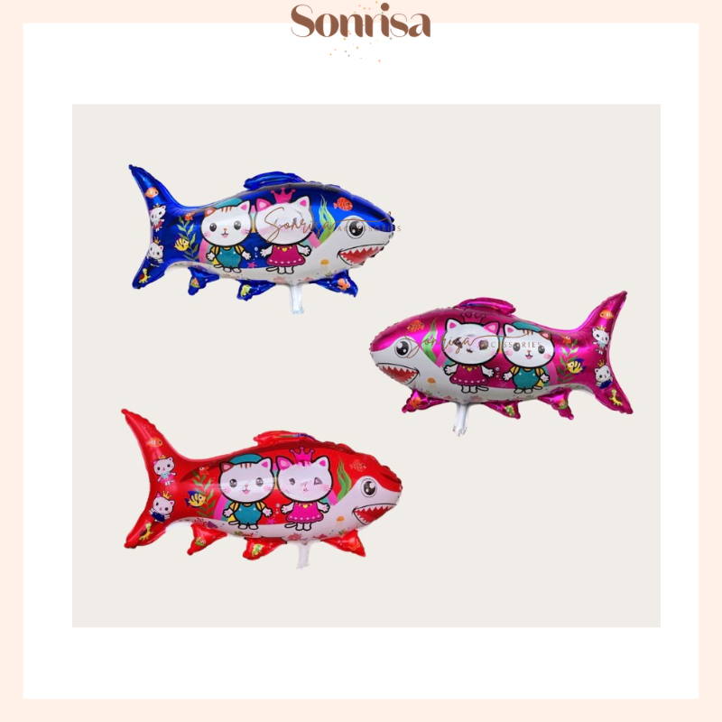 SONRISA - BALON FOIL IKAN HIU MOTIF KUCING / BALON IKAN HIU MOTIFKUCING / BALON KARAKTER IKAN HIU MO