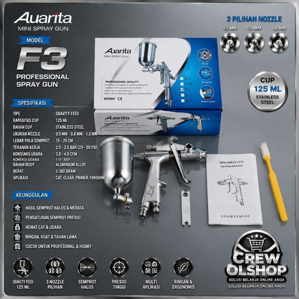 Spray Gun Auarita F3 Original - Excellent Atomization / Alat Semprot Cat Berkualitas