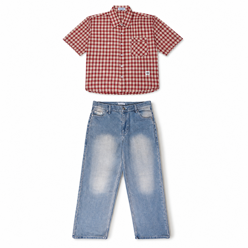 Onlyifyouknow Bundling Set - Boxy Plaid Shirt Red & Wide Leg Denim Pants Faded Blue Wash