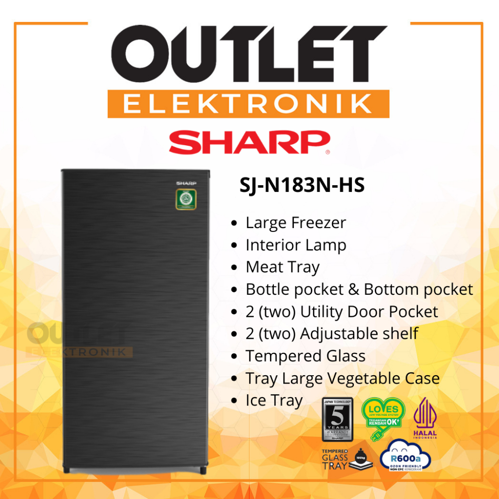 Sharp SJ-N183N-HS / SJN183NHS Kulkas 1 Pintu 166L Kirei 3 Low Watt Bergaransi resmi