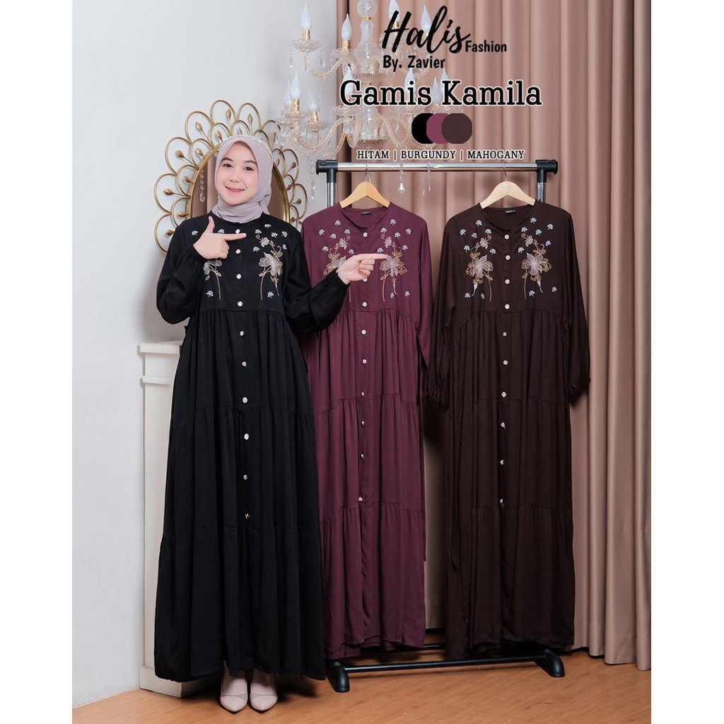 GAMIS KAMILA BORDIR BAHAN RAYON TWILL PREMIUM LD 110