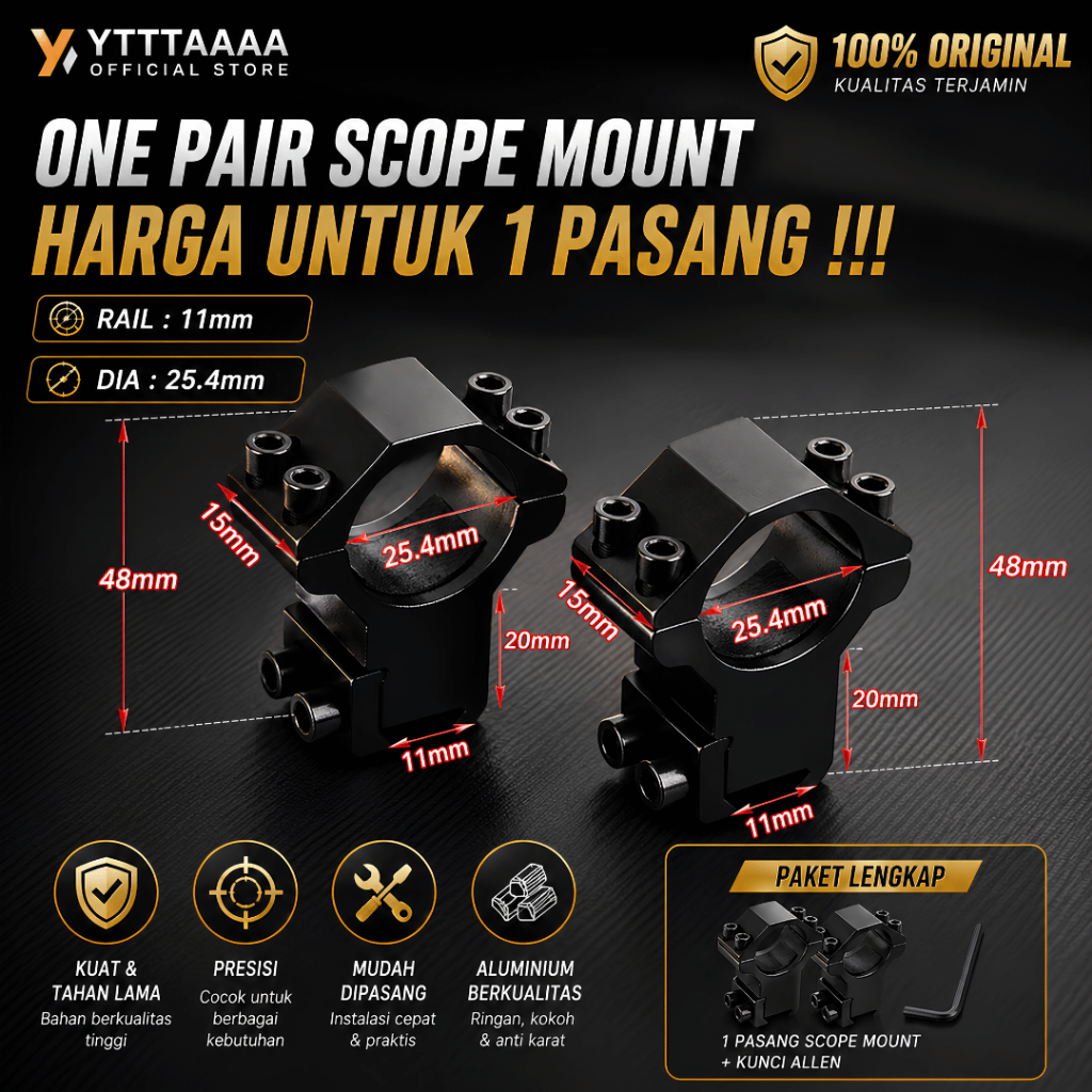 Mounting Teleskop OD 25 Rel 11mm Double Baut - Dudukan Scope Senapan Pendek & Tinggi