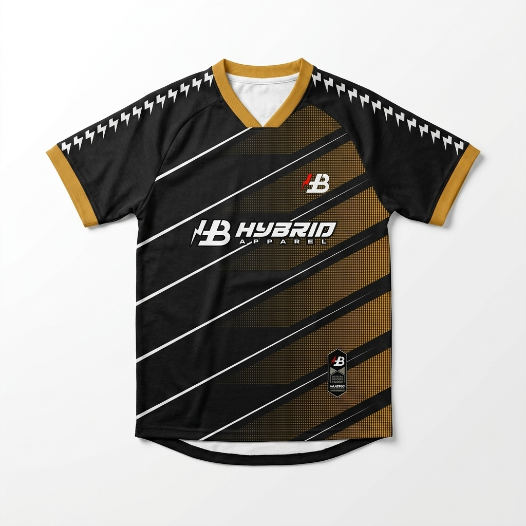 Setelan Hybrid Apparel Jersey Olahraga Hitam Emas Gold Motif Garis Kaos Futsal Lari Sepakbola Tennis