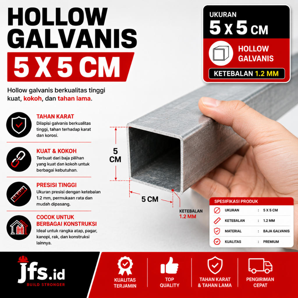 Besi Hollow Galvanis 5x5 cm | Hollow 50x50 mm | Holo Ecer | Ketebalan 1,2 mm