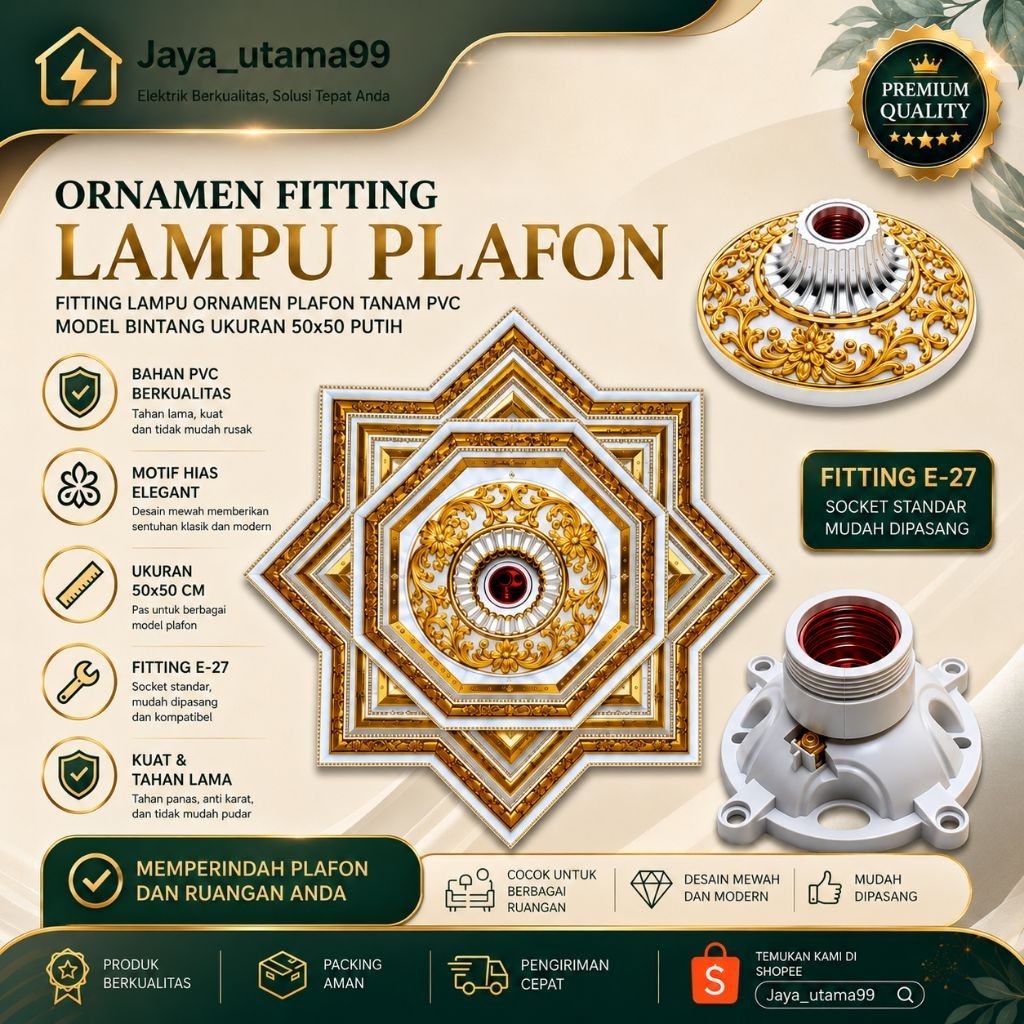 Ornamen Lampu plafon tanam pvc model bintang 50x50 gold dan silver