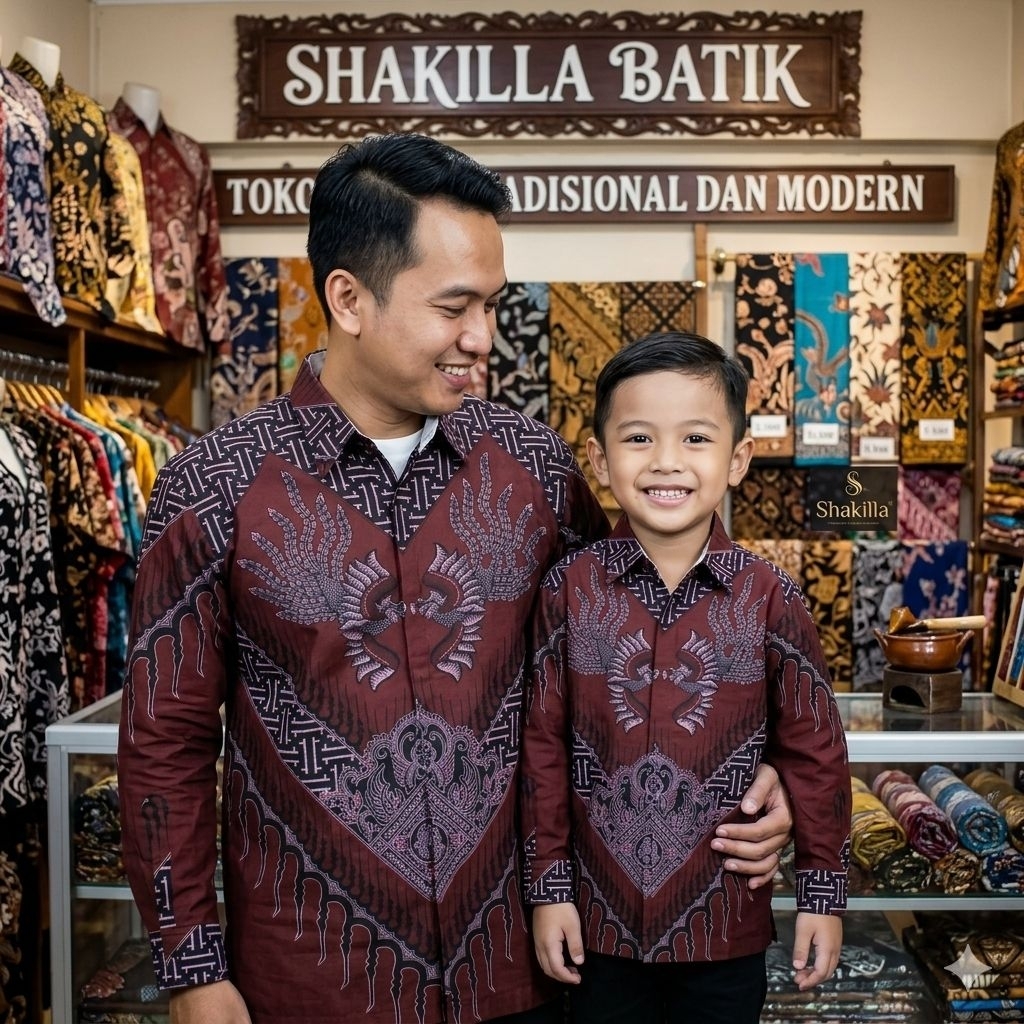 SH129.Batik Pasangan Ayah Anak Laki Laki Bahan Katun Premium Merah Maroon
