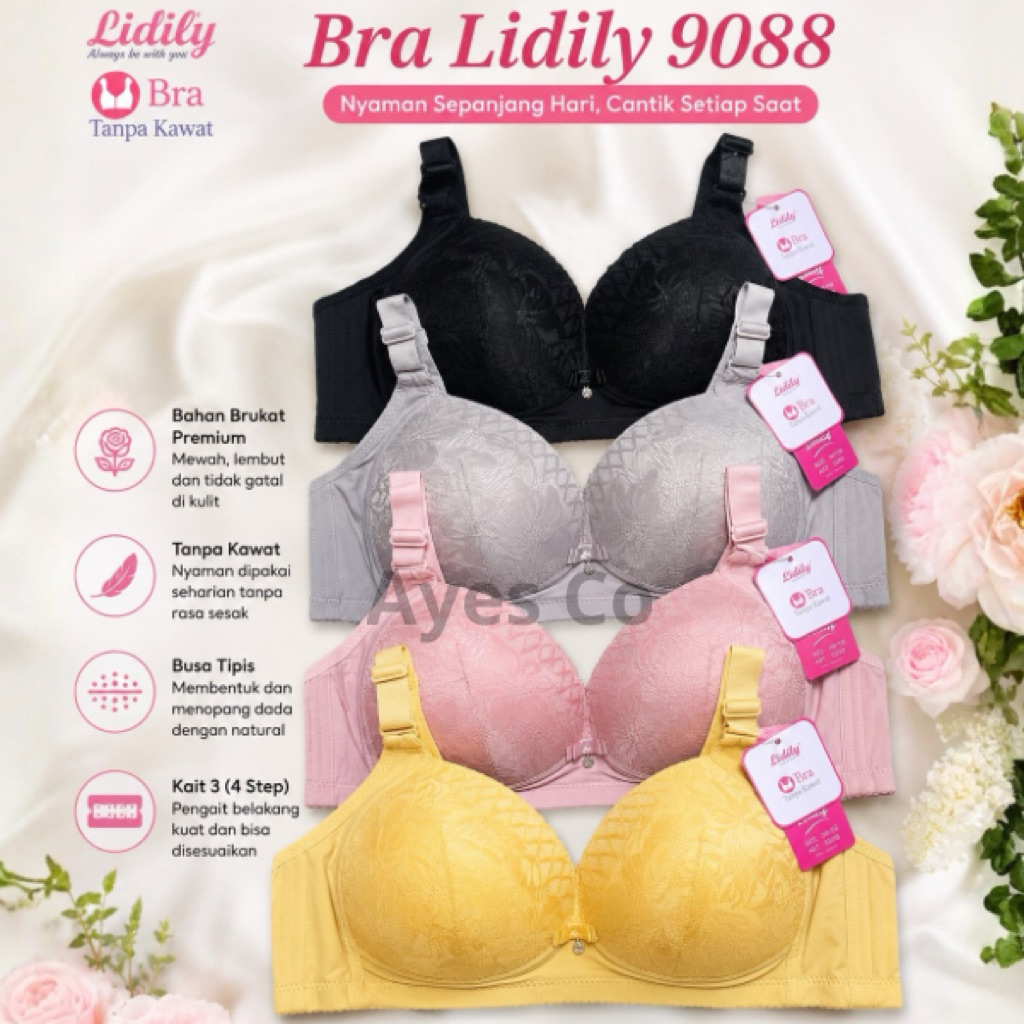 Bra Lidily 9088 Brukat Cup Besar / Bh Busa Cup C Tanpa Kawat Kait 3 Busa Tipis Elastis / Bh Lidily M