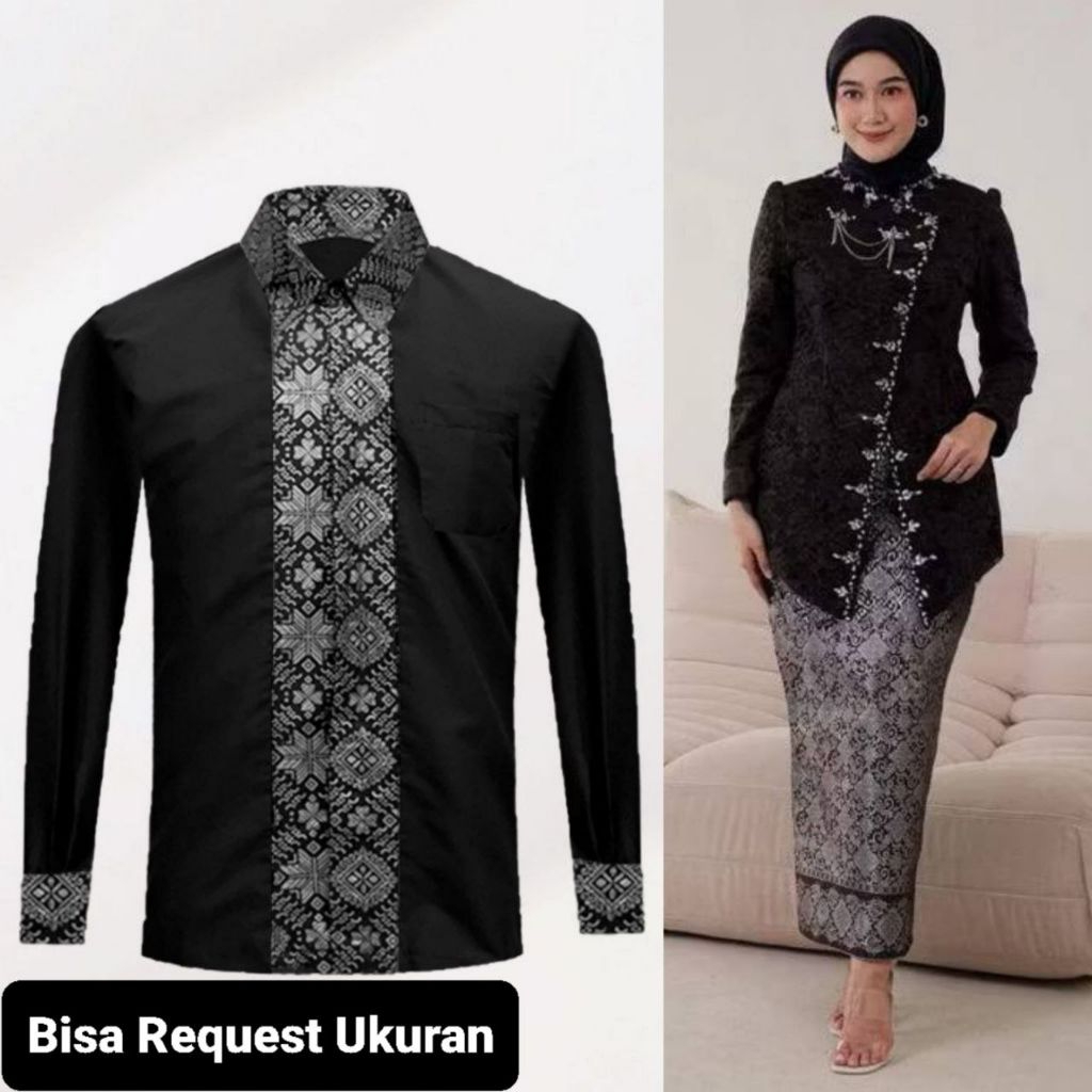 SET KEBAYA JANGGAN HITAM ORI COUPLE KEMEJA KOKO KOMBINASI ANAK & JUMBO / BAJU SETELAN SERAGAM BATIK 