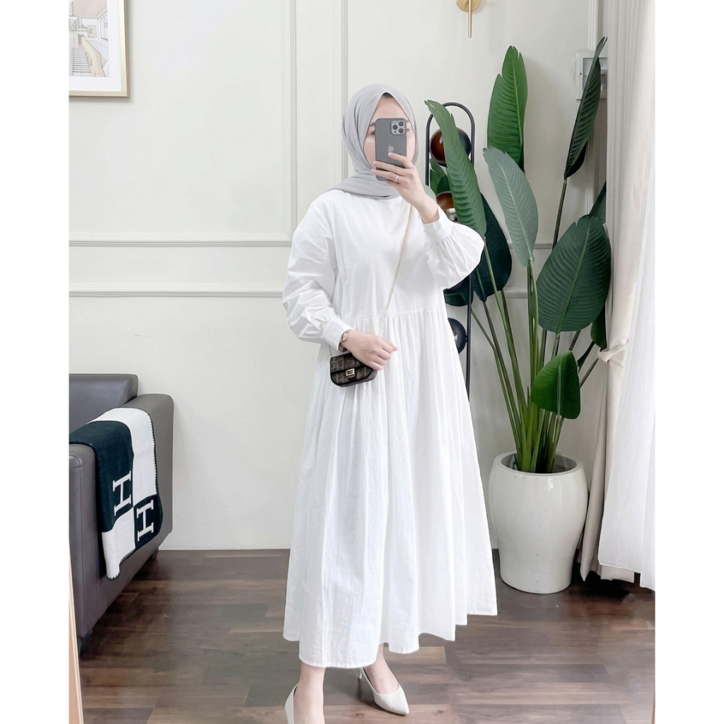 Midi Dress Putih Bahan Crinkle Airflow