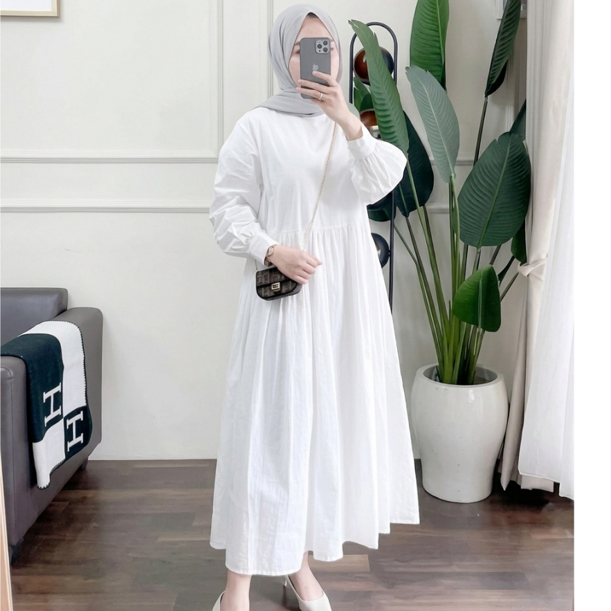 Gamis Crinkle Airflow Premium Terbaru Midi Dress Putih Polos Wanita Remaja Muslim Kekinian