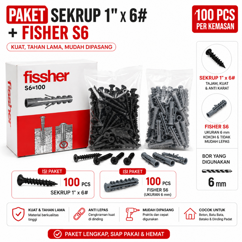 Paket Sekrup 1 Inch 6# + Fisher S6 100 PCS Baut Tembok Anti Karat