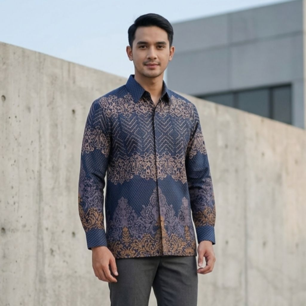 Batik Pria Lapis Furing Lengan Panjang Biru Navy Bahan Katun Solo Reguler – Seragam Batik Pria Pesta