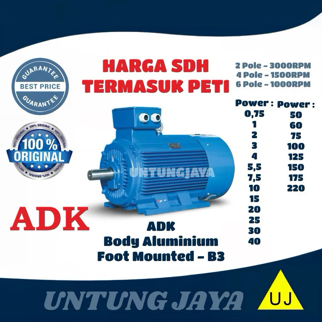 DINAMO ELEKTRO MOTOR ADK ALUMINIUM 3 PHASE 3 HP 2,2 KW 4 POLE 1500 RPM // ELECTRO MOTOR ADK ALUMINIU