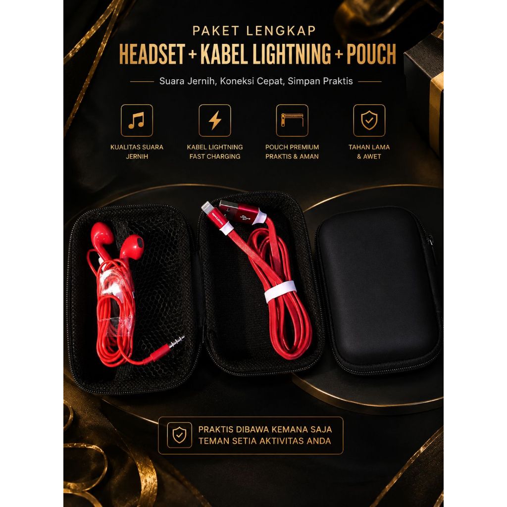 PAKET LENGKAP 3 in 1 Headset + Kabel Data Moisture Fast Charging + Pouch Premium Quick Charge Kabel 