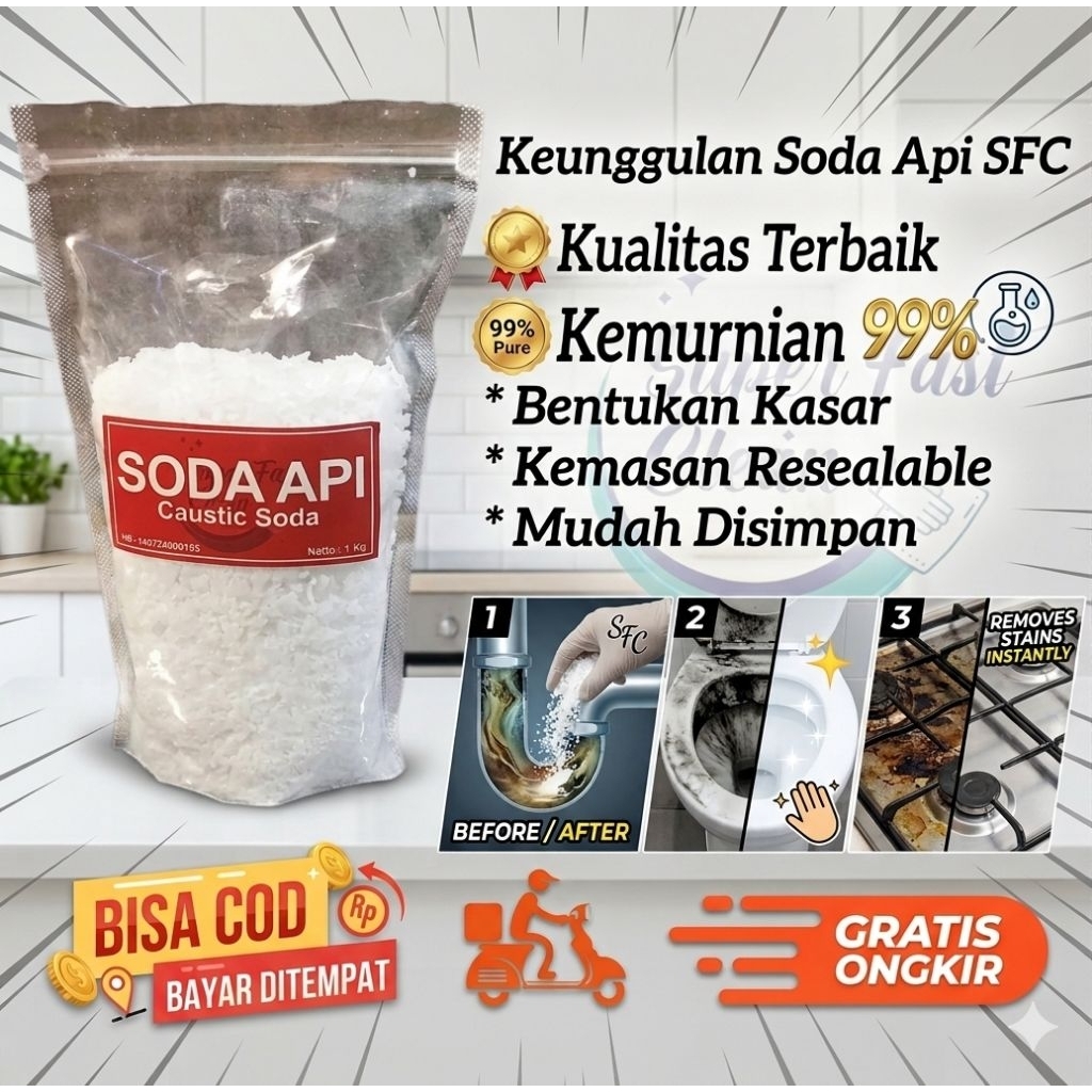 Soda Api Murni Flakes NaOH 98% 1Kg / 1.000Gr Bubuk Serbaguna Premium | SFC Soda Api Bubuk Anti Sumba