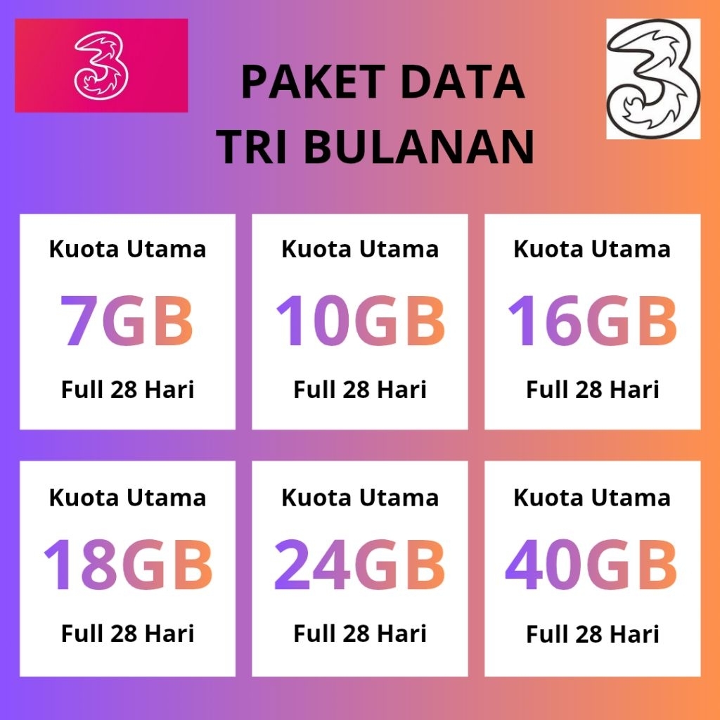 PAKET DATA 3 TRI 30 HARI | 4,5GB 6GB 7GB 10GB 16GB 18GB 24GB 40GB 55GB 65GB 72GB 100GB