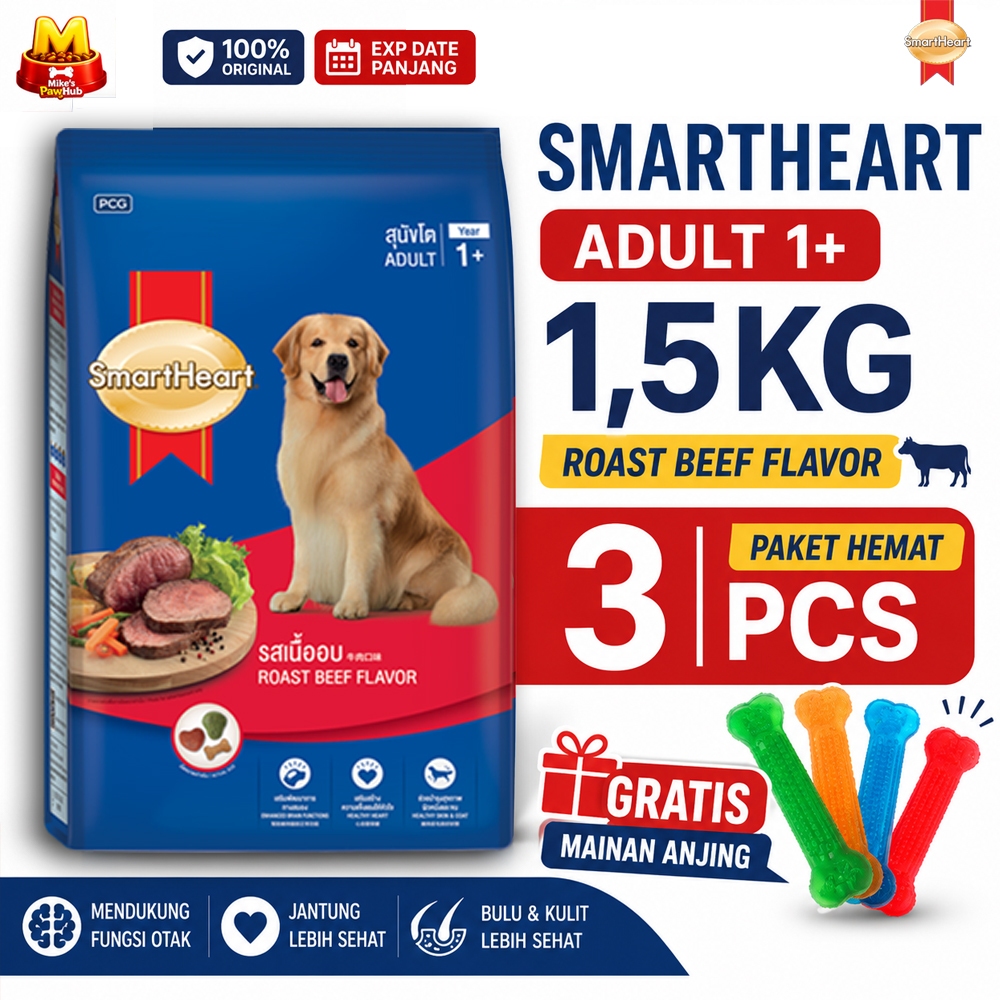 [BELI 3 PCS LEBIH HEMAT] SmartHeart Roast Beef 1.5KG Makanan Anjing Dewasa Kering Kesehatan Jantung 