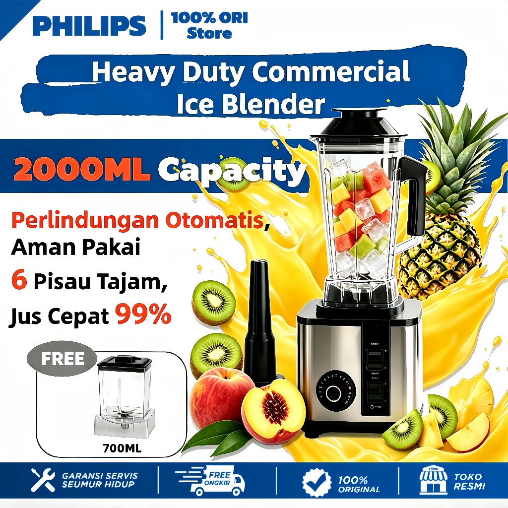PHILIPS Blender Jumbo Kapasitas Besar 2L+700ML 2in1 Daya Tinggi Multifungsi Jus Buah Sayuran Es Seru