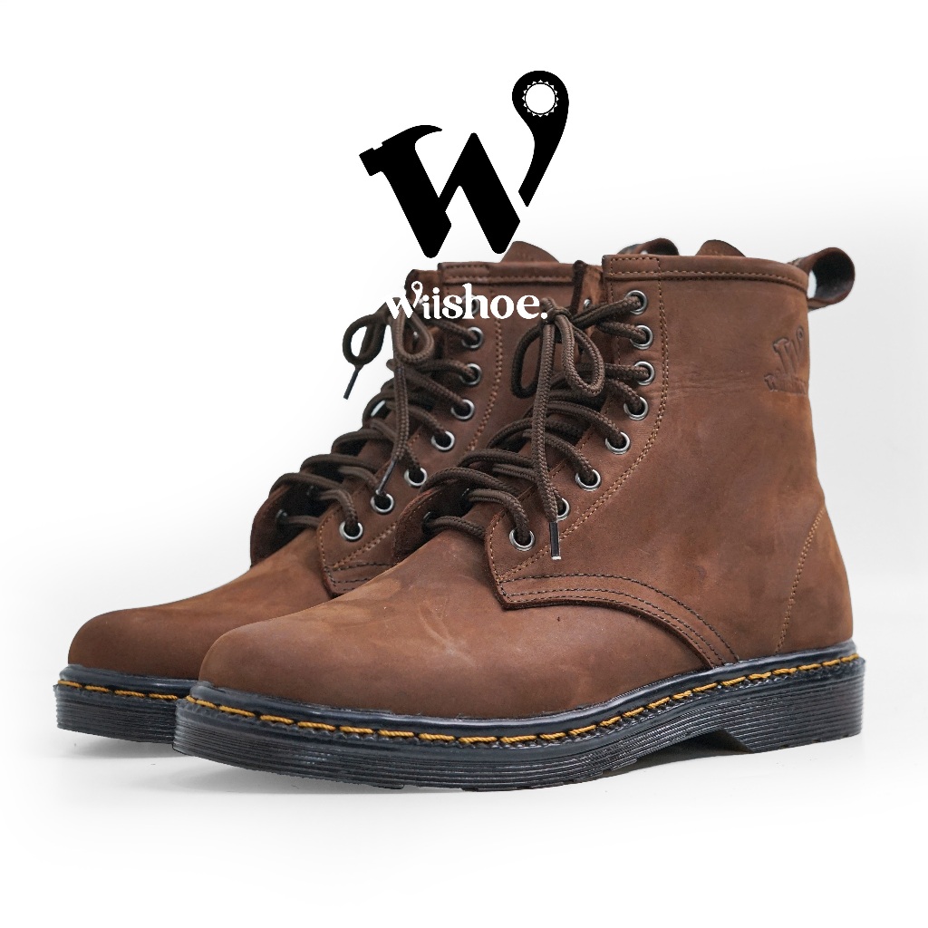Wiishoe High Boots Sepatu Boot Tinggi Kulit Sapi Crazy Horse Pria Wanita Warna Coklat Ukuran 36-45 B