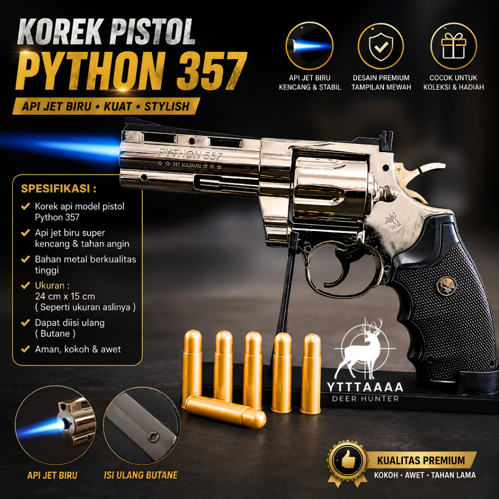 Korek Api Pistol G4S Bara Full Metal Python 357 Desert Eagle Lighter Refillable Besar