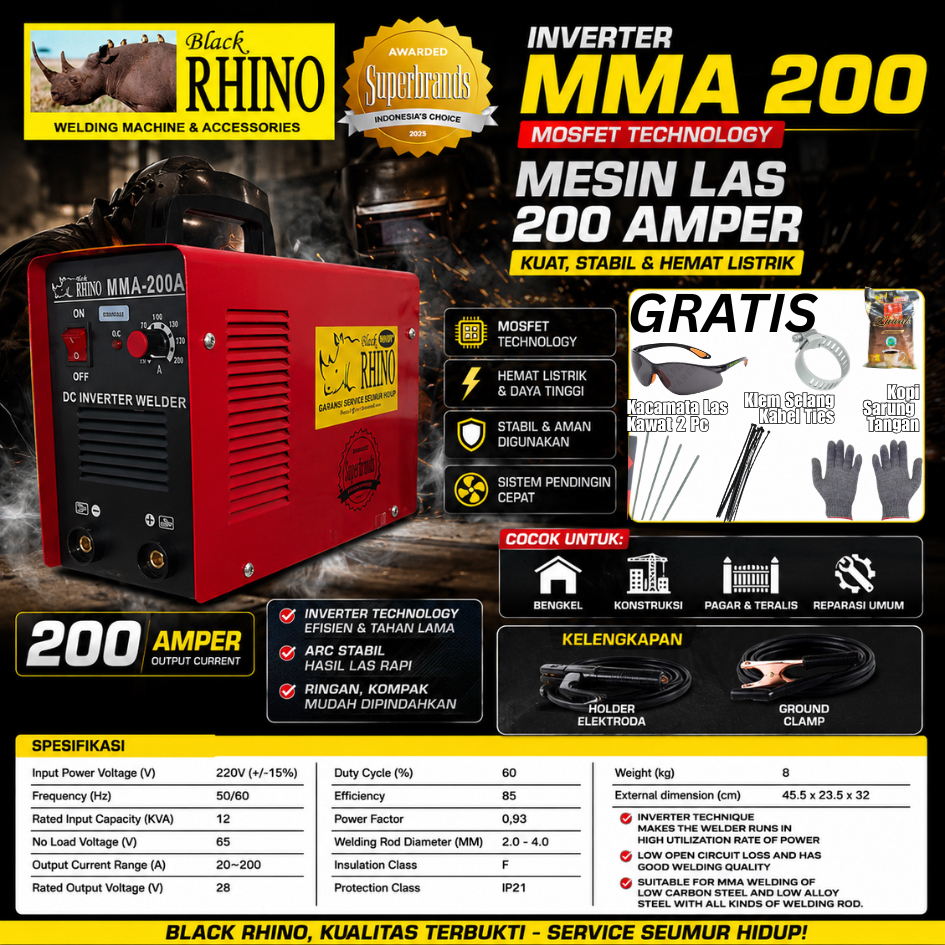 RHINO MMA 200 Amper MOSFET Mesin Travo Las Inverter 200A MERAH 200 A Listrik 900 Watt Welding Machin