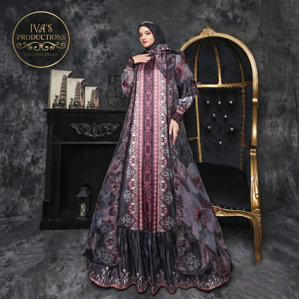 Syevara Abaya by Ivas Production - Set Gamis Hijab Outer 3 in 1 Long Dress Pola Vintage Premium