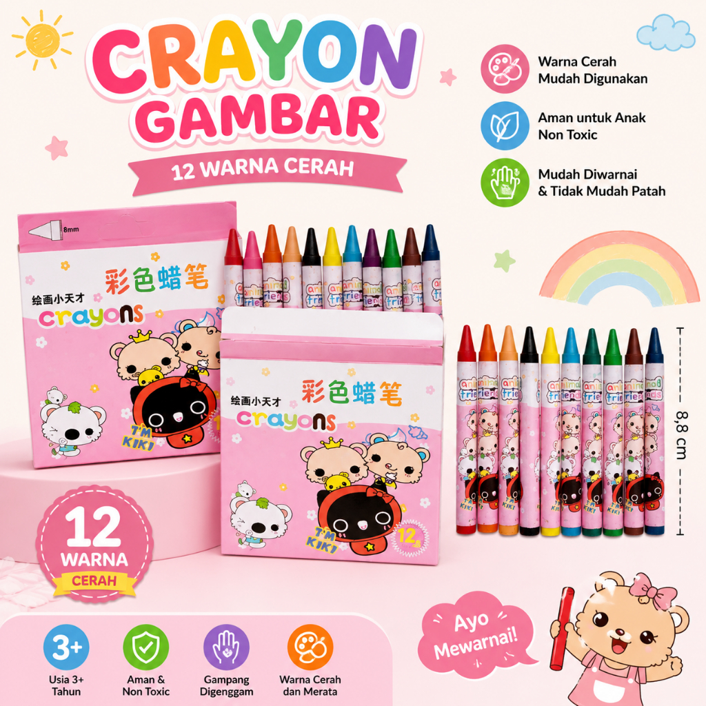 Crayon Gambar 12 Warna Cerah – Krayon Anak Non Toxic | Crayon Mini Anak TK
