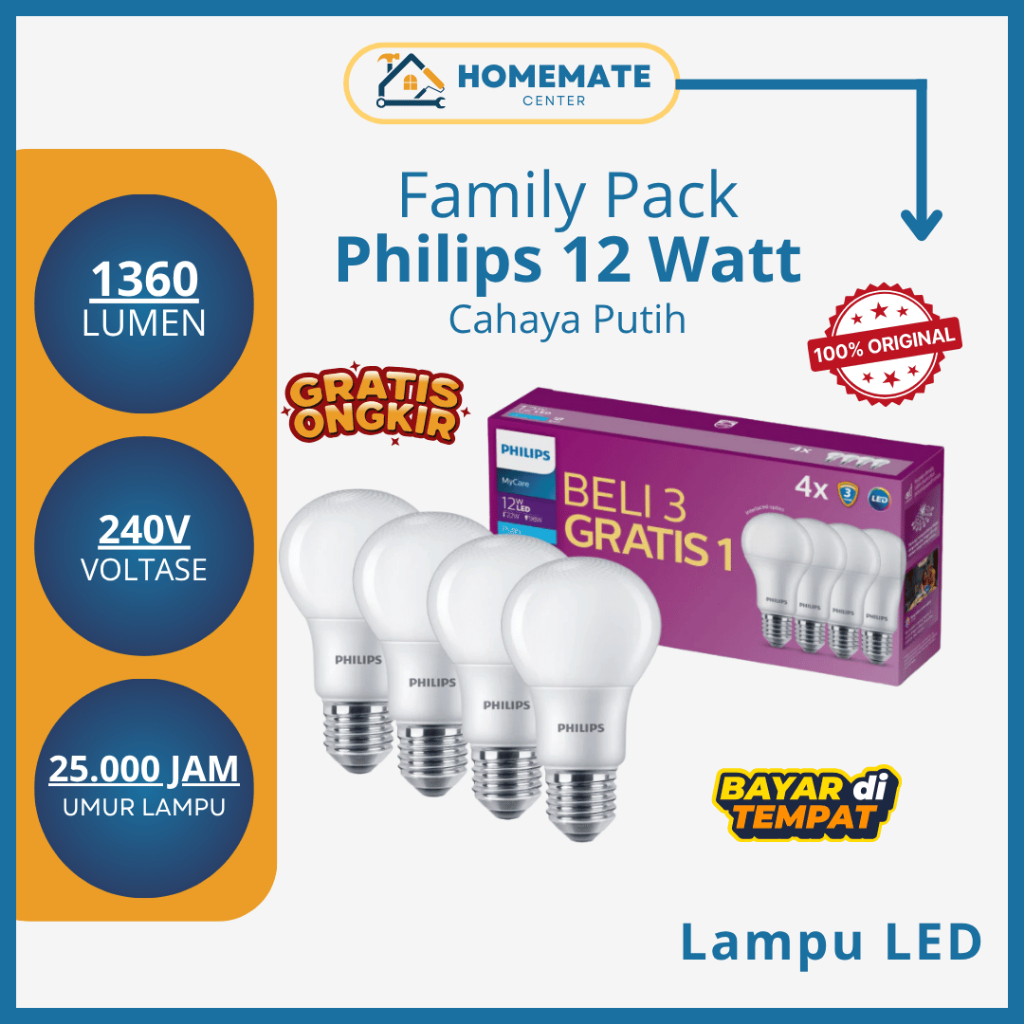 [PROMO] Philips LED MyCare 12W Beli 3 Gratis 1 - Paket Lampu 12 Watt Putih Original - Lampu Rumah Ey
