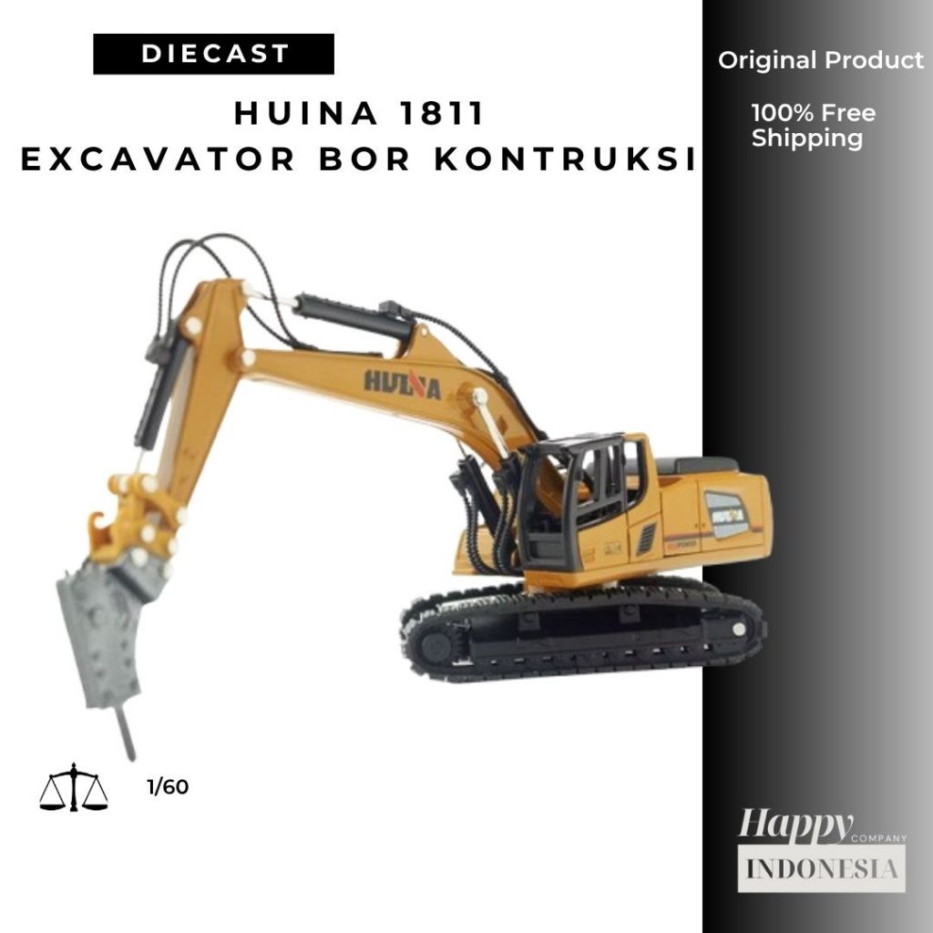 Huina Diecast 1811 Skala 1/60 Die-Cast Metal Drill Excavator Mainan Mobil Mobilan