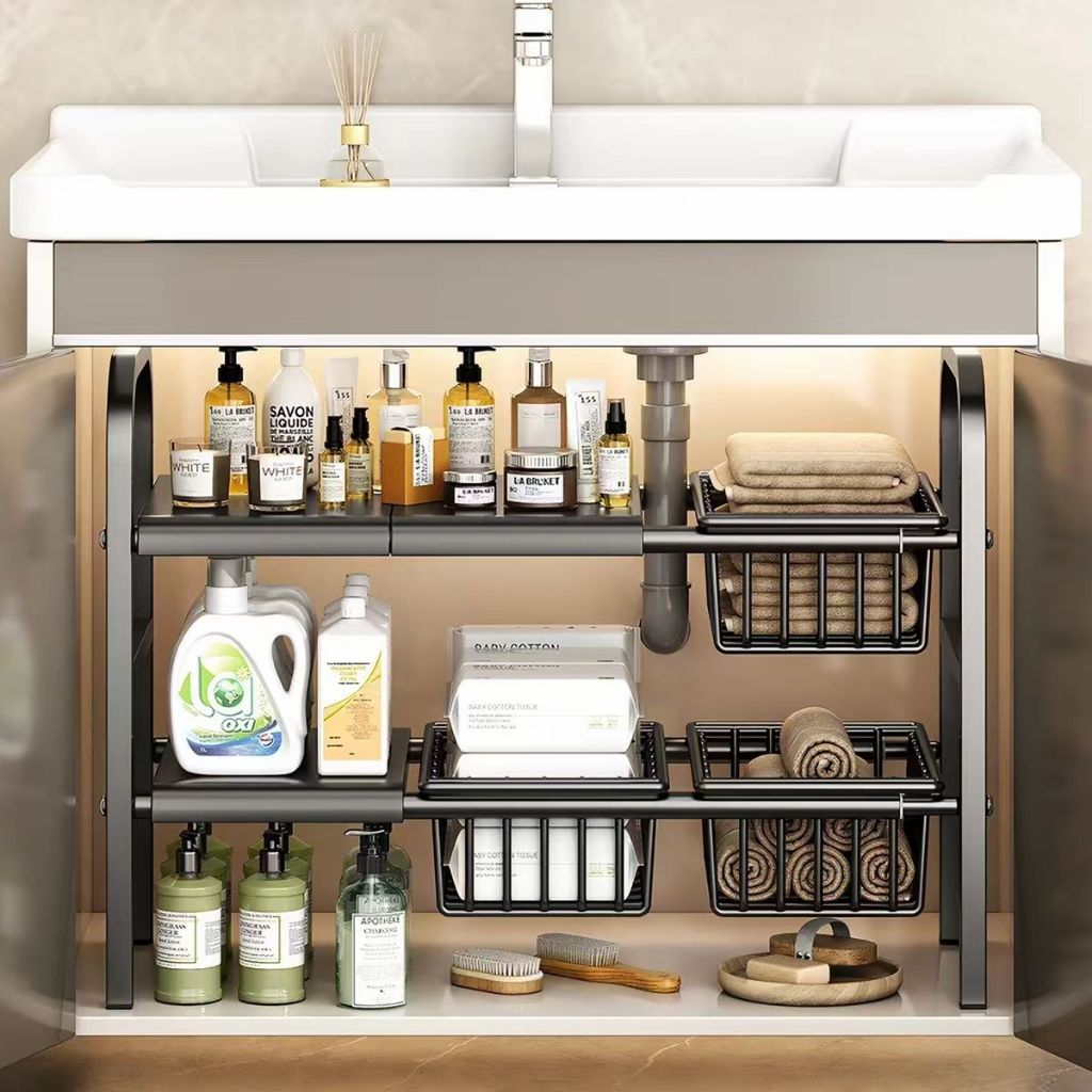 Rak Penyimpanan Dapur Rak lemari dapur Under Sink Rack Rak Bawah Sinki Boleh Dipanjan Stainless Stee