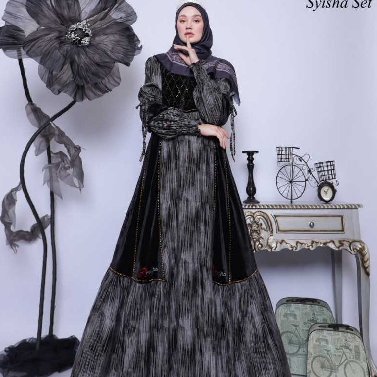 Sysha Set Almeyra Premium Gamis Muslimah Bludru Silk Dress Wanita Elegan Anggun Motif Etnik Bordir E