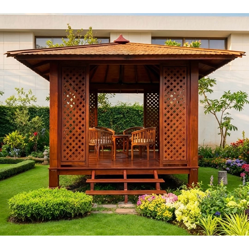 Gazebo Kayu Jati Minimalis Modern – Gazebo Taman Rumah Panggung Luxury