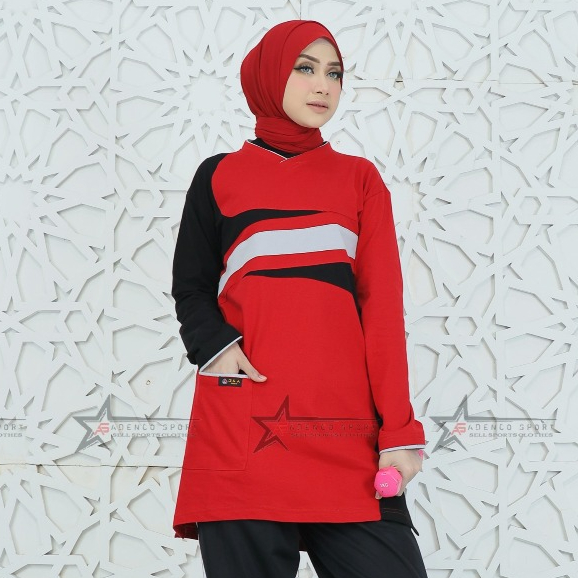 Atasan Baju Olahraga Senam Tunic Muslimah Panjang Lengan Panjang  Motif Garis Modern Dengan Saku