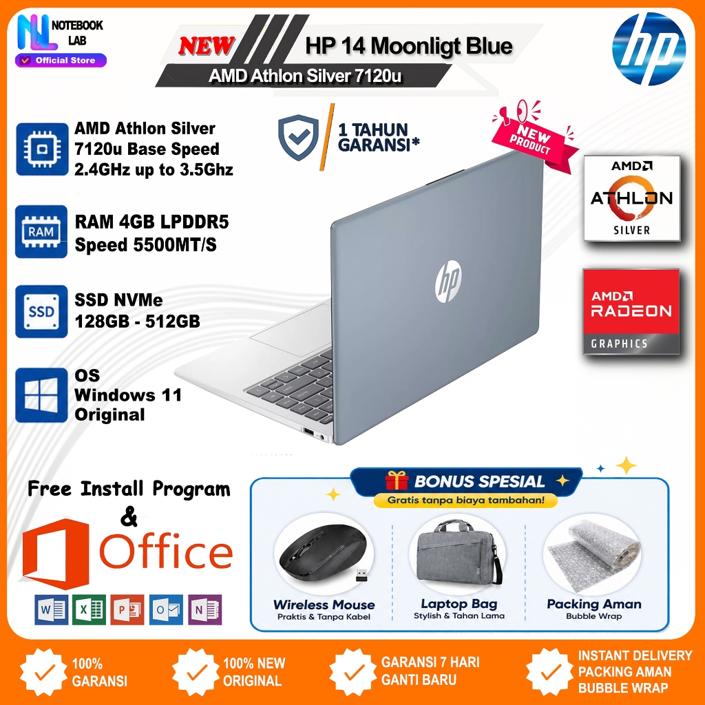 Laptop HP 14 AMD Athlon Silver 7120u Speed Max 3.5GHz Moonlight Blue
