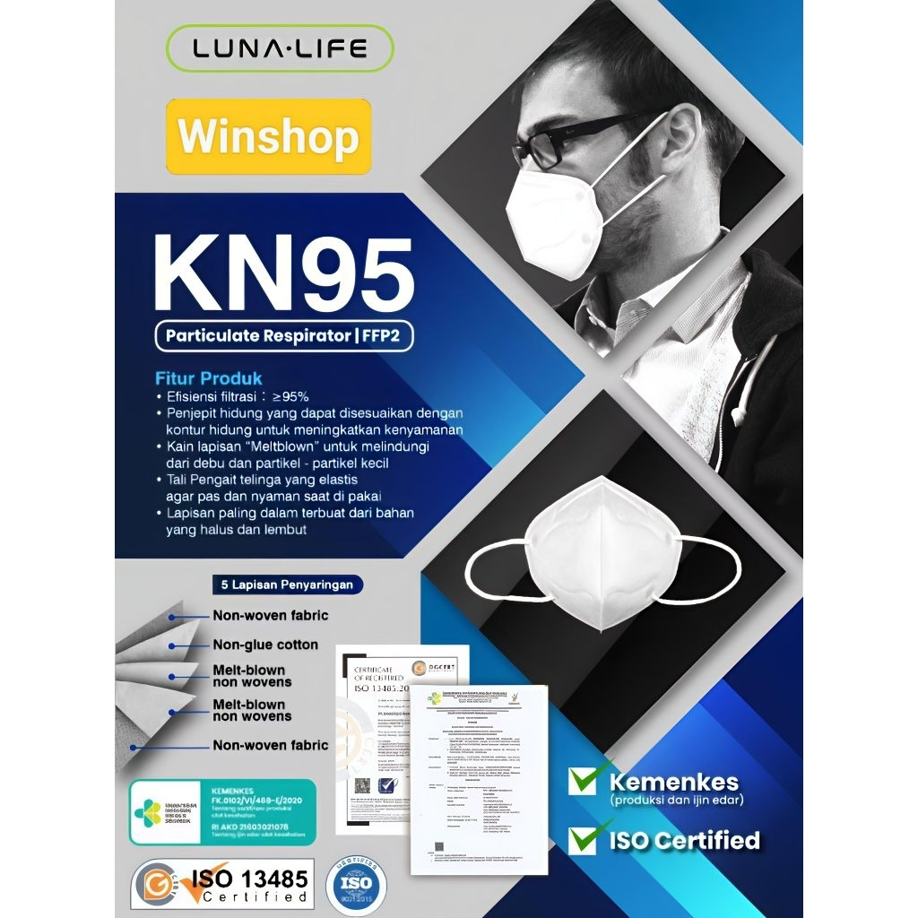 MASKER KN95 LUNA LIFE 5 PLY IMPORT HITAM-PUTIH (GRADE A) 50s BFE 99%