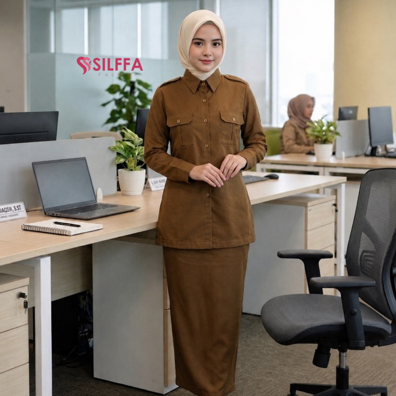 Seragam Kerja Pemda. Baju Setelan Pemda Wanita Model Saku Dada. Rok Span Rempel Belakang.