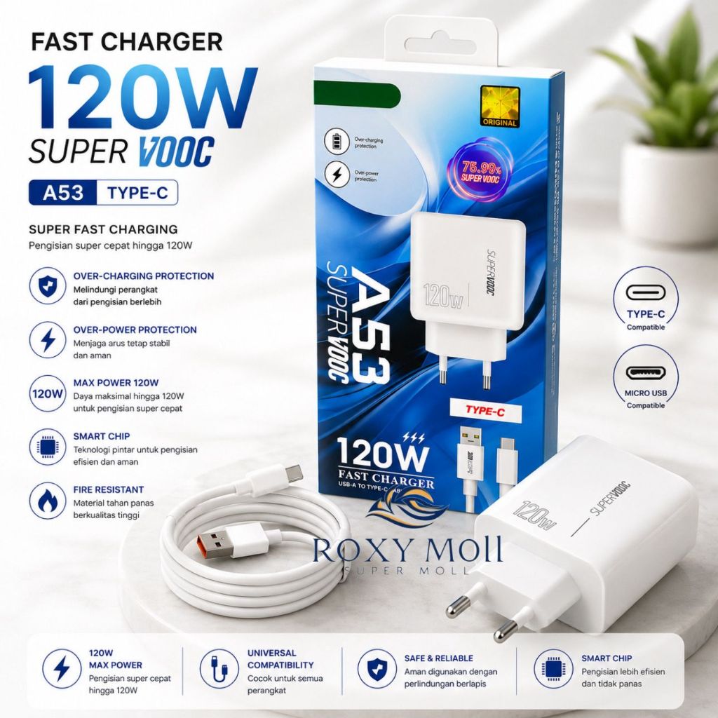 Charger Kompatibel Oppo A53 120W Support FastCharging super Vooc kompatible semua hp smartphone andr